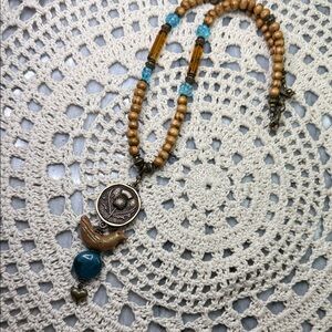 Bohemian wooden & glass  Beaded Necklace with Bird & chrysocolla Pendant